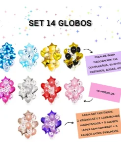 SET 14 GLOBOS METALIZADO CORAZON ESTRELLA Y LATEX PERLADO Y CONFETTI DORADO PACK X 1