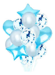 SET 14 GLOBOS METALIZADO CORAZON ESTRELLA Y LATEX PERLADO Y CONFETTI CELESTE PACK X 1