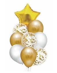 SET 9 GLOBOS METALIZADO ESTRELLA Y LATEX PACK X 1 SETS DORADO CON BLANCO