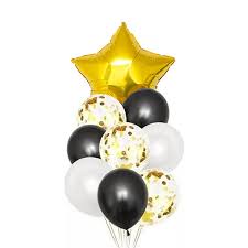 SET 9 GLOBOS METALIZADO ESTRELLA Y LATEX PACK X 1 SETS DORADO CON NEGRO